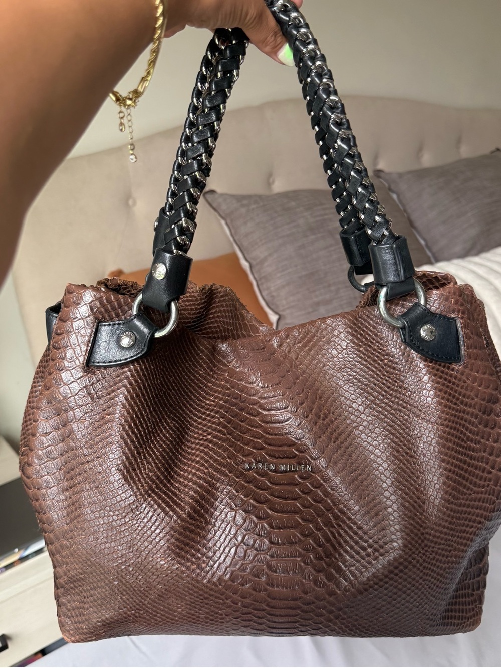 Karen Millen Brown Faux-Snake Leather Shoulder Tote with Braided Black Handles
